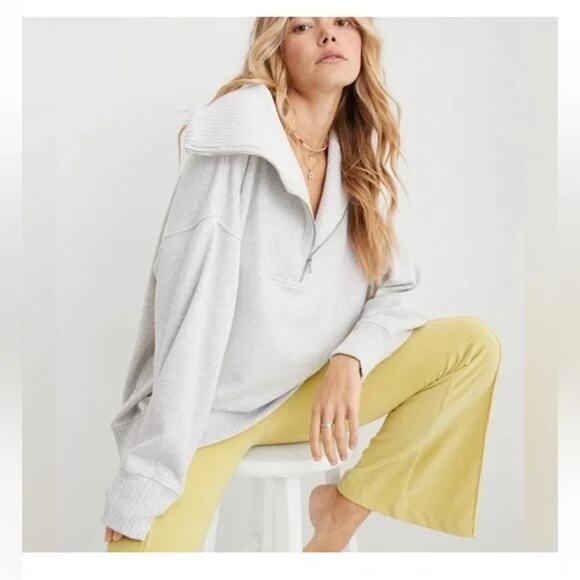 Aerie Beyond Down To Earth Quarter Zip Oversized Ribbed Sweater White Large - Picture 1 of 4